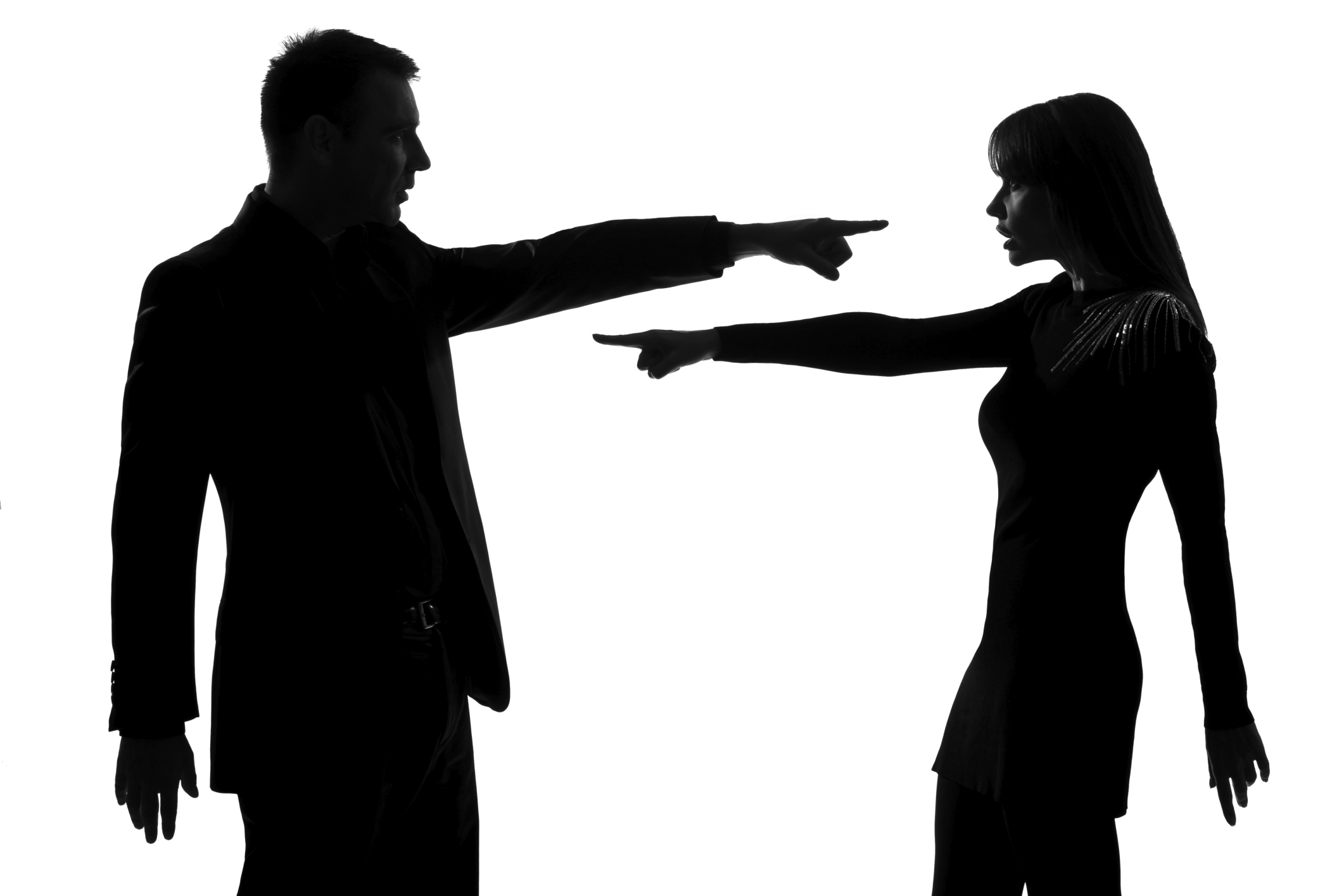 man and woman pointing fingers at each other